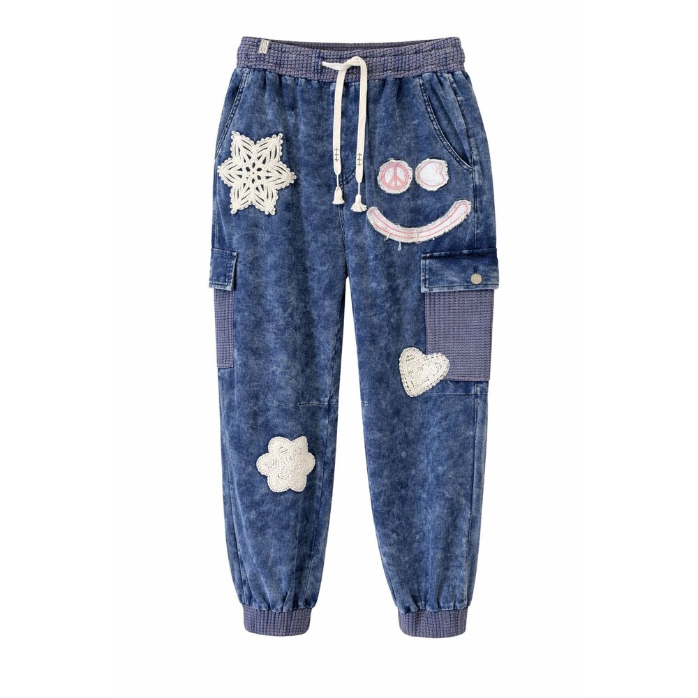 POL Small Oversized Patchwork Jogger Pants Boho Smiley Crochet
